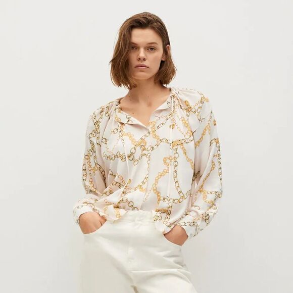 Mango Flowy Blouse Chains Ecru New - Picture 2 of 8